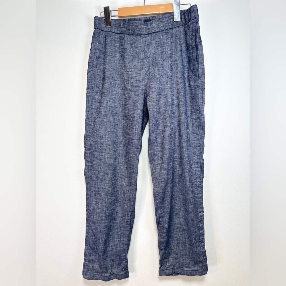 Theory Linen Blend Pants Size 4 Elastic Waist Cropped Blue Lightweight Summer